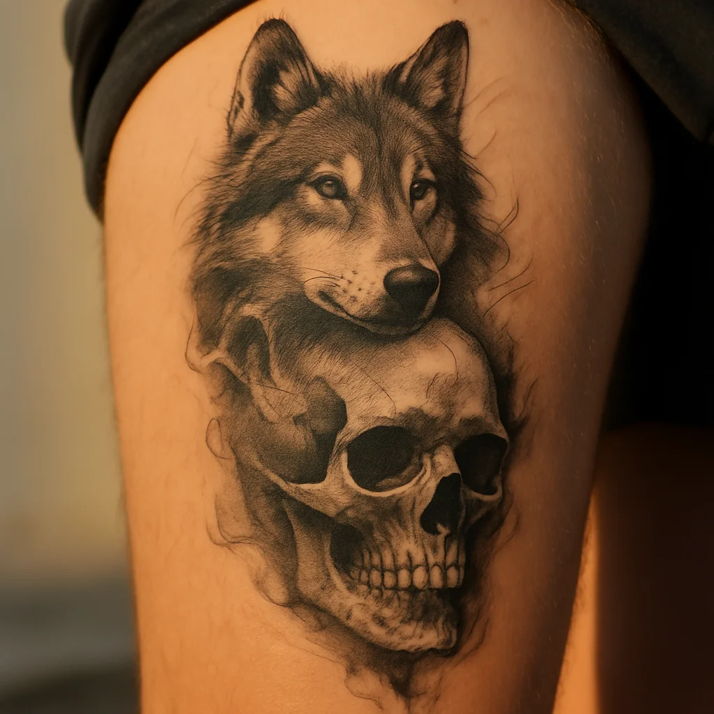 Black and grey realism leg sleeve with portraits connected by smoke transitions