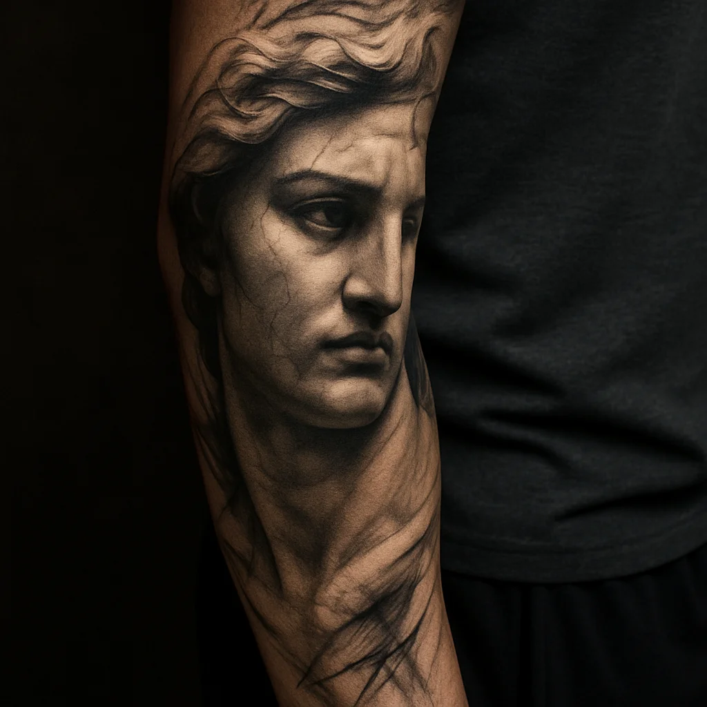 Black and grey realism sleeve with a marble statue portrait and smooth shading across the arm