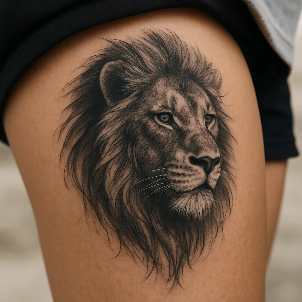 Black and grey realistic lion tattoo filling the quad on a man's thigh