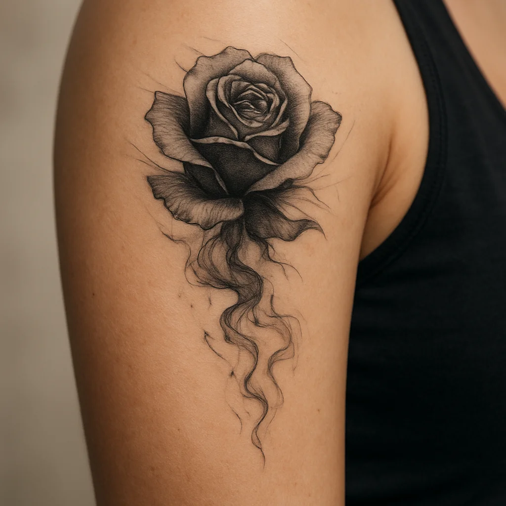 Black and grey rose dissolving into smoke tattoo on a woman's upper arm