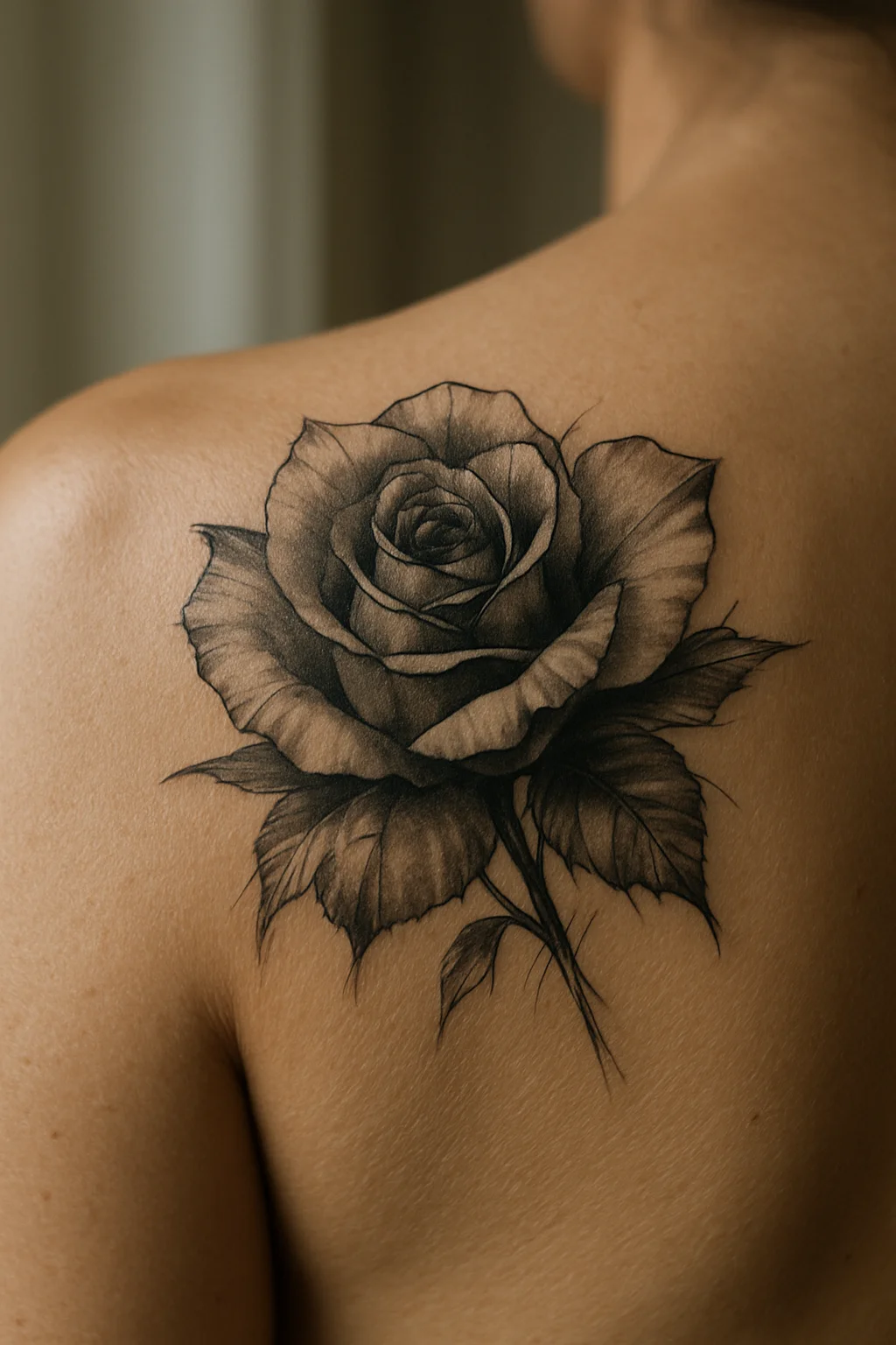 Black and grey shaded rose with soft petals tattooed on the shoulder blade