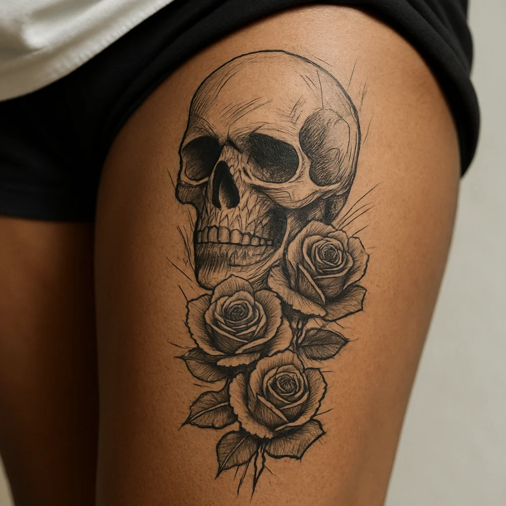 Black and grey skull and roses stacked vertically down the front of a man's thigh