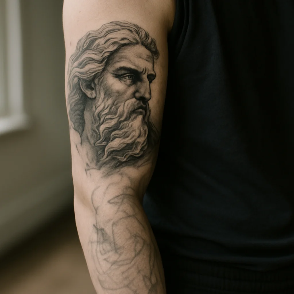 Black and grey sleeve tattoo in progress showing finished upper arm shading and blocked-in forearm wash