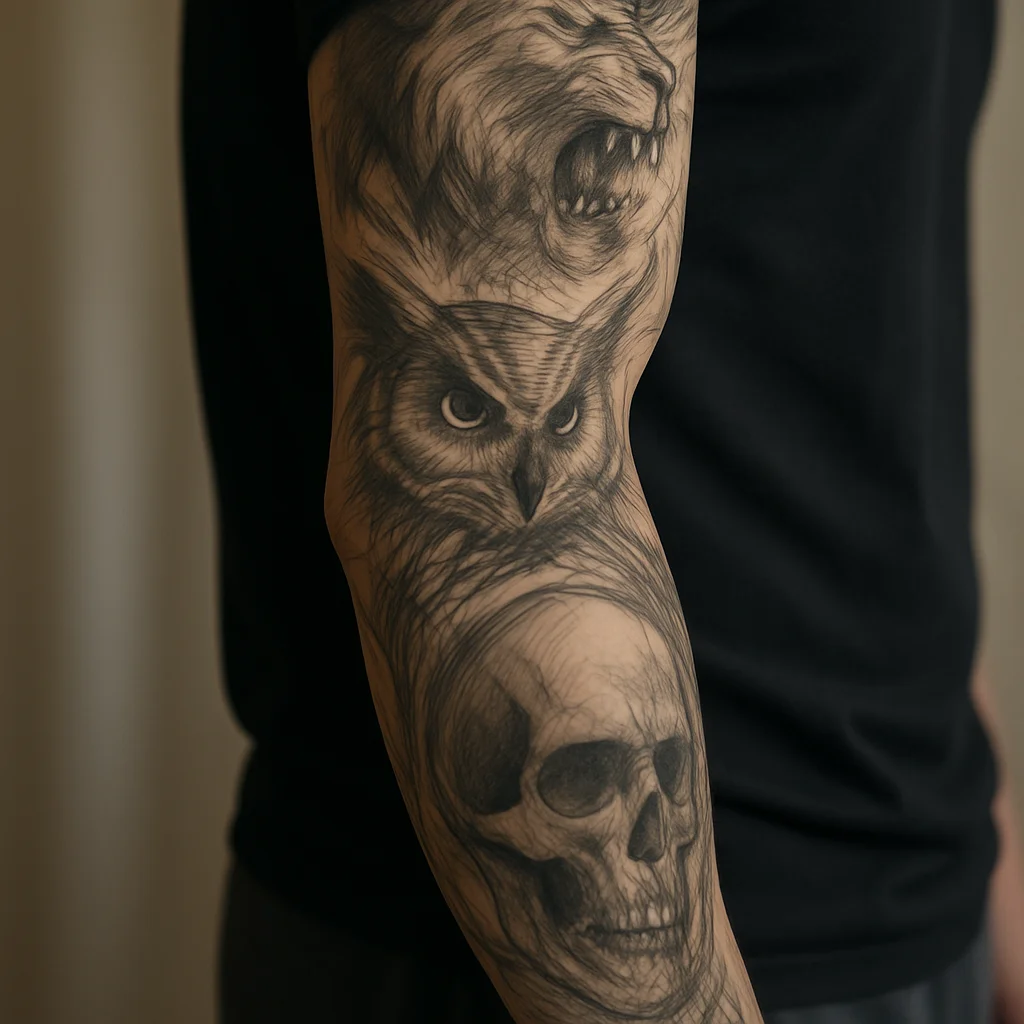 Black and grey sleeve with three large focal subjects and open negative space across the arm