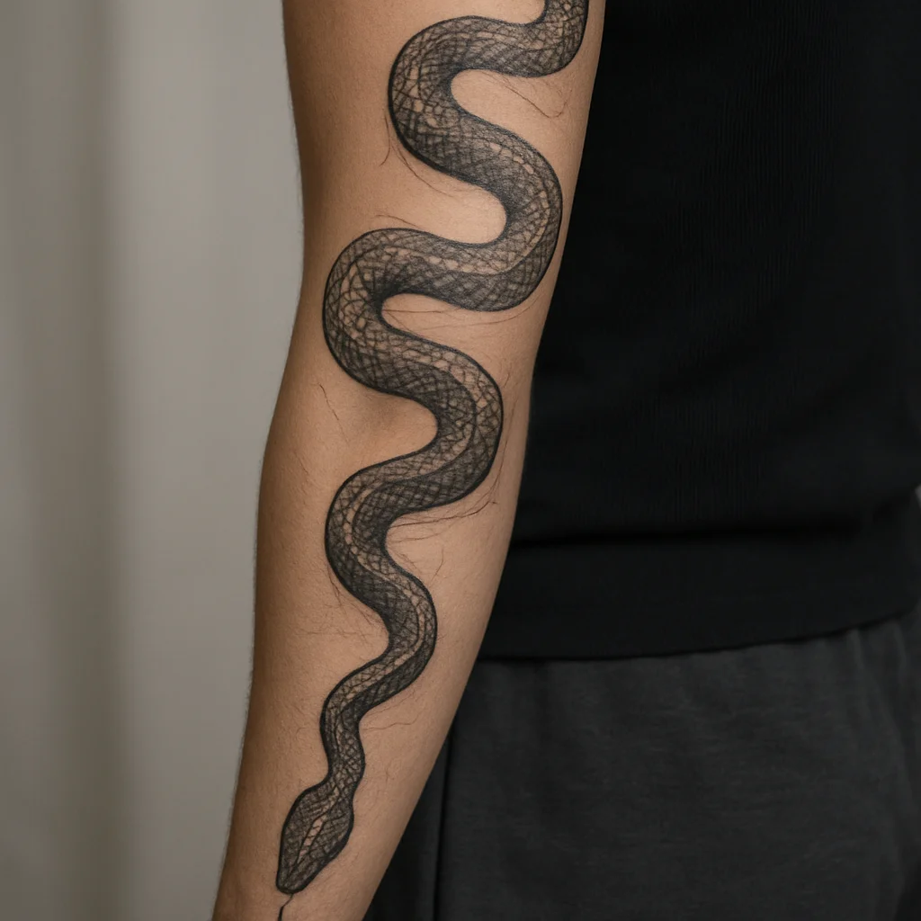 Black and grey snake sleeve coiling from shoulder to wrist on a woman's arm
