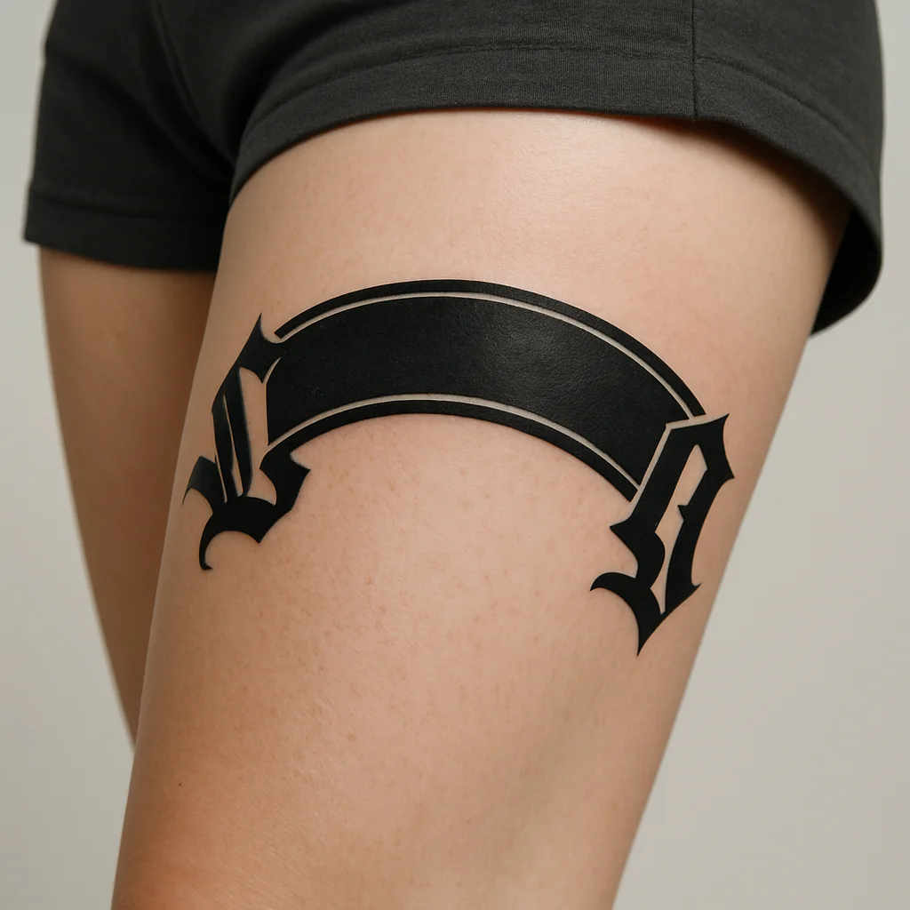 Blackletter lettering banner arching above the knee as a border on a thigh sleeve