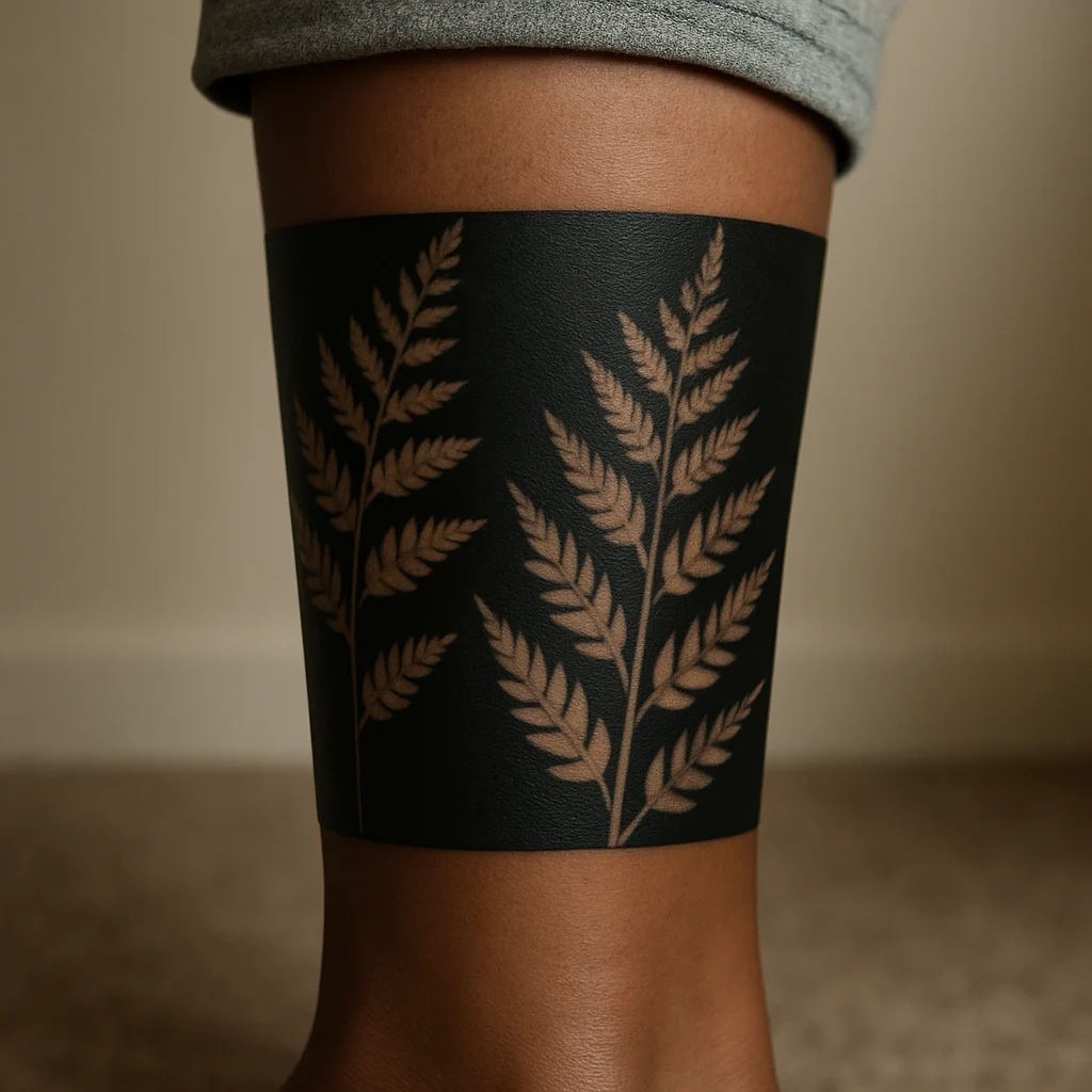 Blackout calf band with negative space fern leaves in modern blackwork