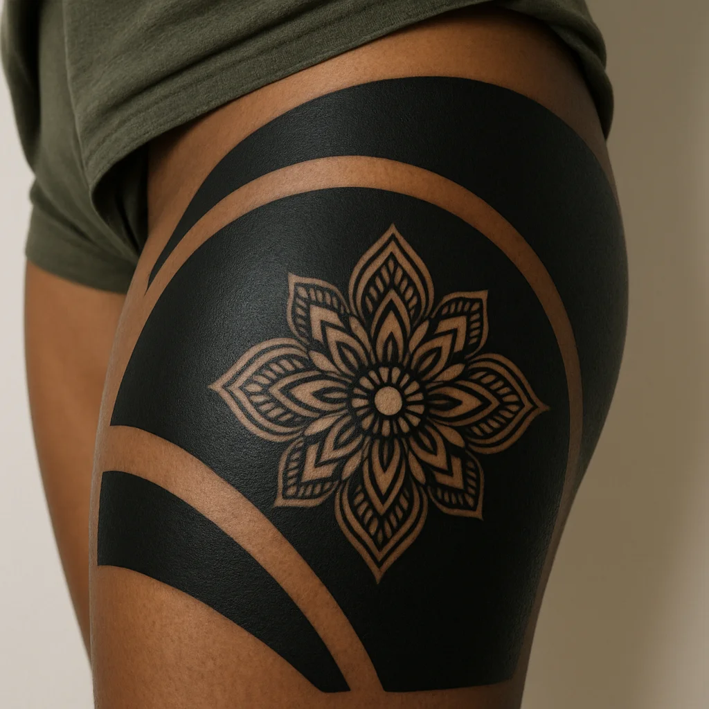 Blackout thigh tattoo with negative space arcs and mandala left in bare skin