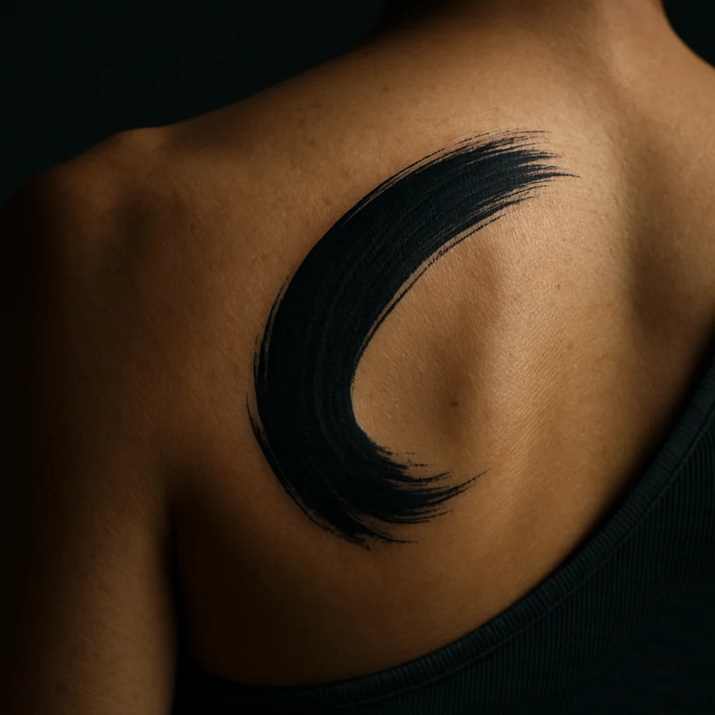Blackwork abstract brushstroke band running diagonally across the shoulder blade