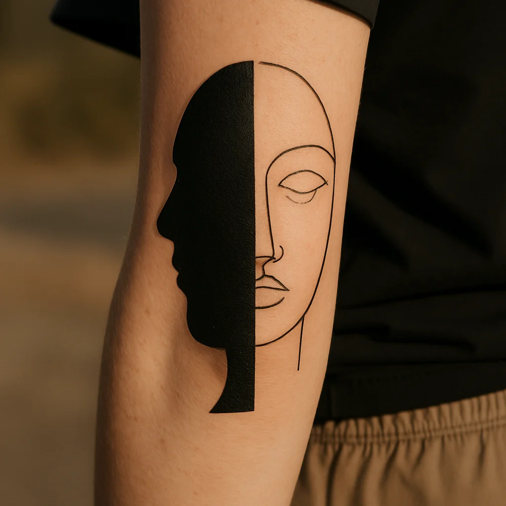 Blackwork and fine-line halves meeting along the ulnar ridge of the forearm