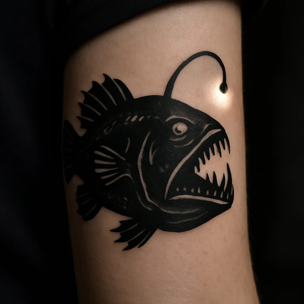 Blackwork anglerfish tattoo with negative-space glowing lure on the outer forearm