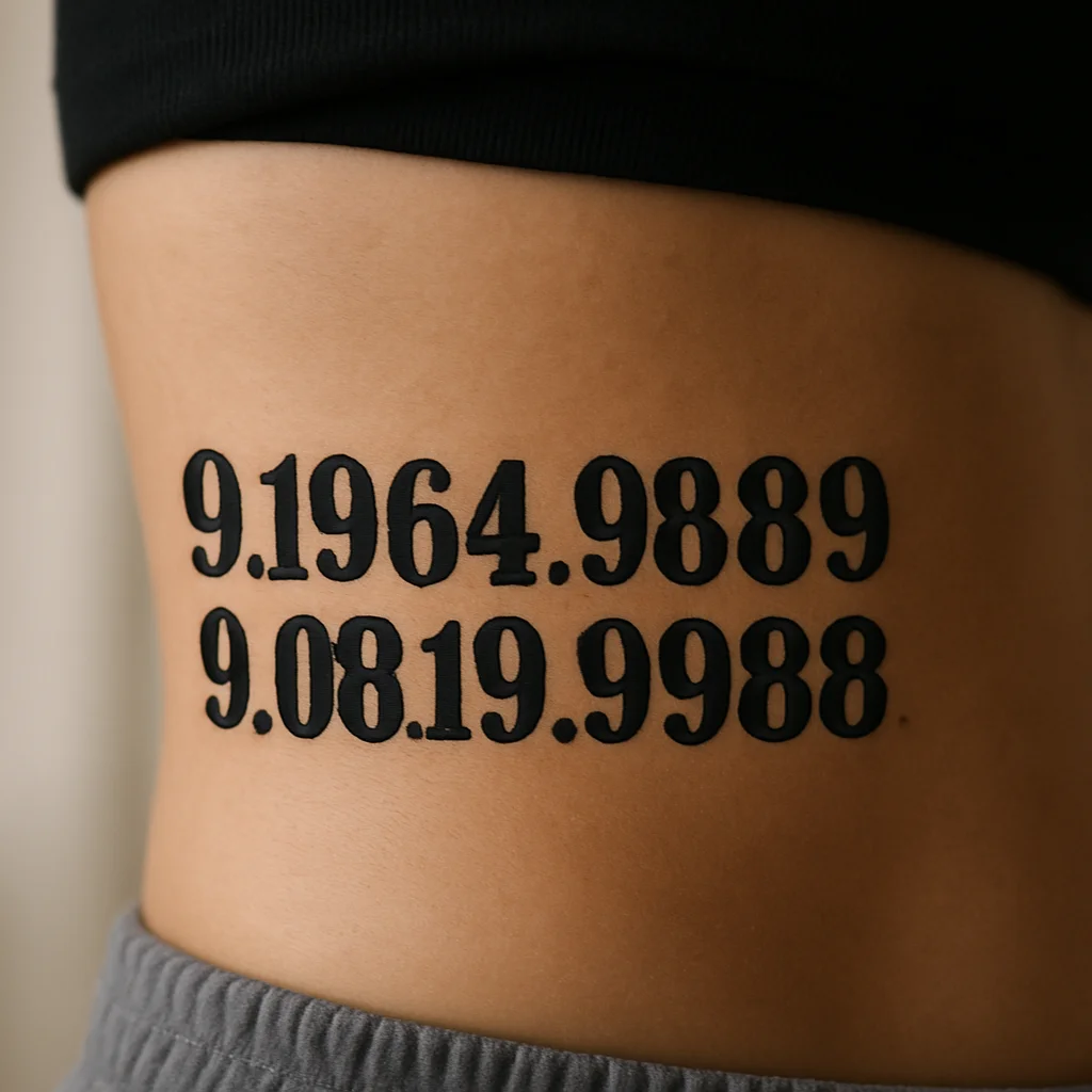 Blackwork band of birthdates separated by solid diamonds along the ribcage