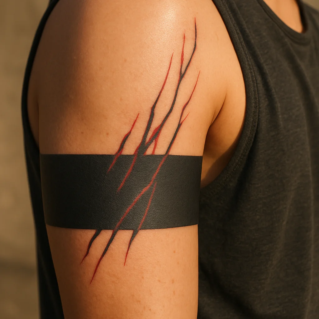 Blackwork band tattoo on the upper arm with red streaks tracking toward the armpit