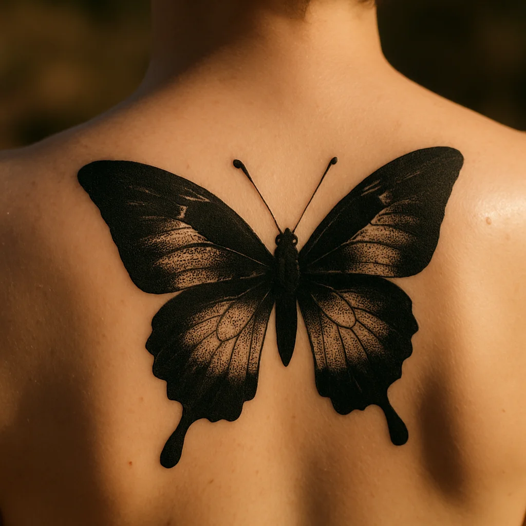 Blackwork butterfly with dot-work shaded wings tattooed between the shoulder blades
