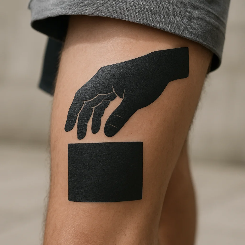 Blackwork calf tattoo being checked for radiating heat with the back of a hand held above the skin