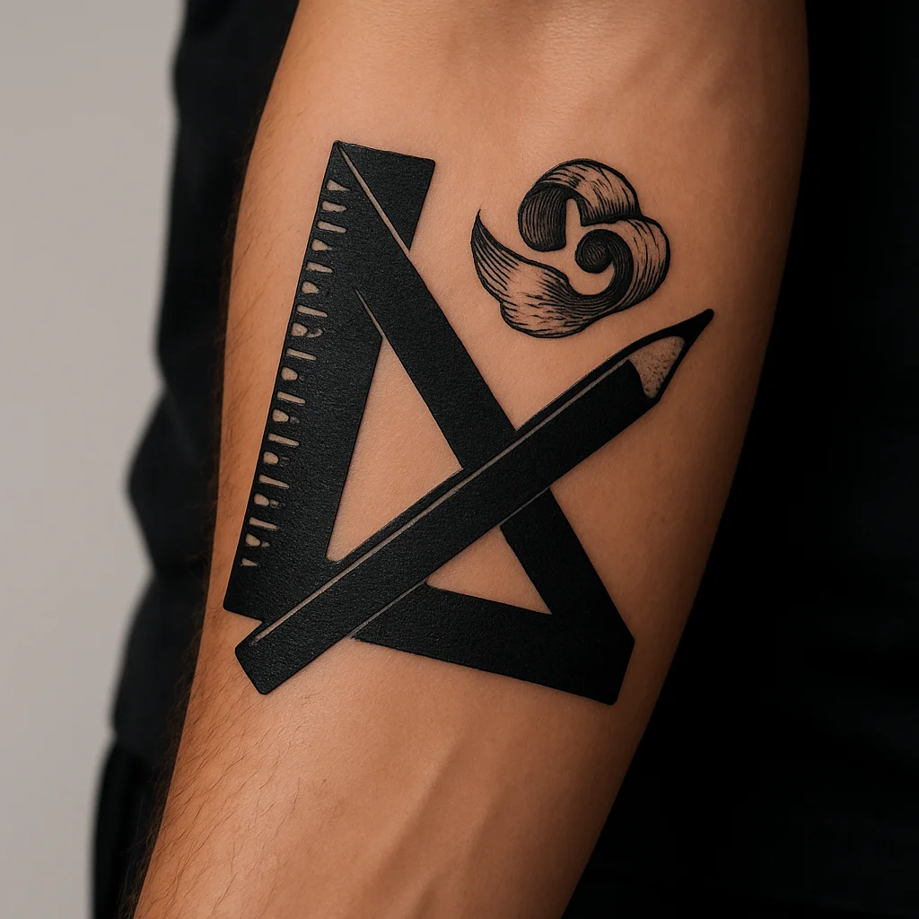 Blackwork carpenter's square and pencil tattoo on the inner forearm