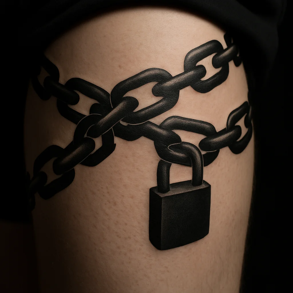 Blackwork chain link band tattoo with hanging padlock wrapping the thigh