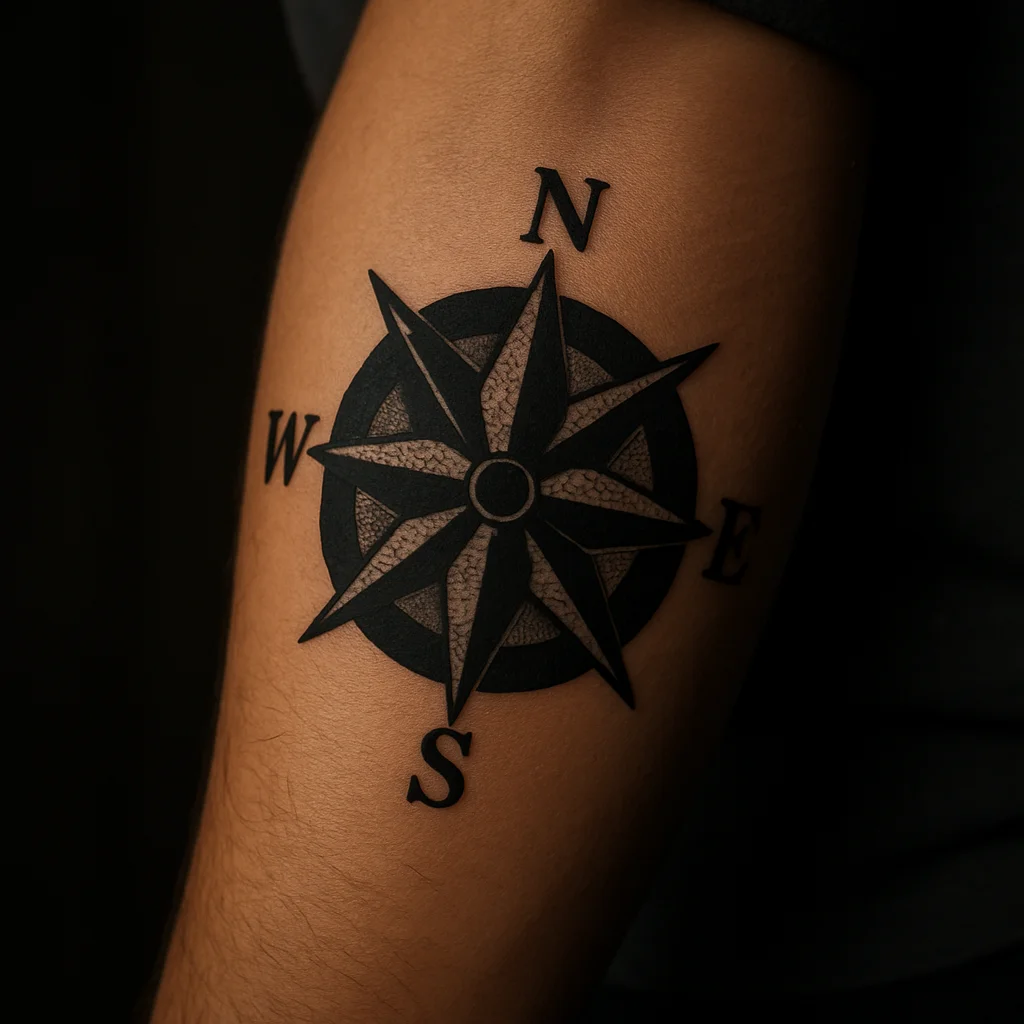 Blackwork compass rose with dotwork petals and cardinal letters tattooed on a man's outer forearm