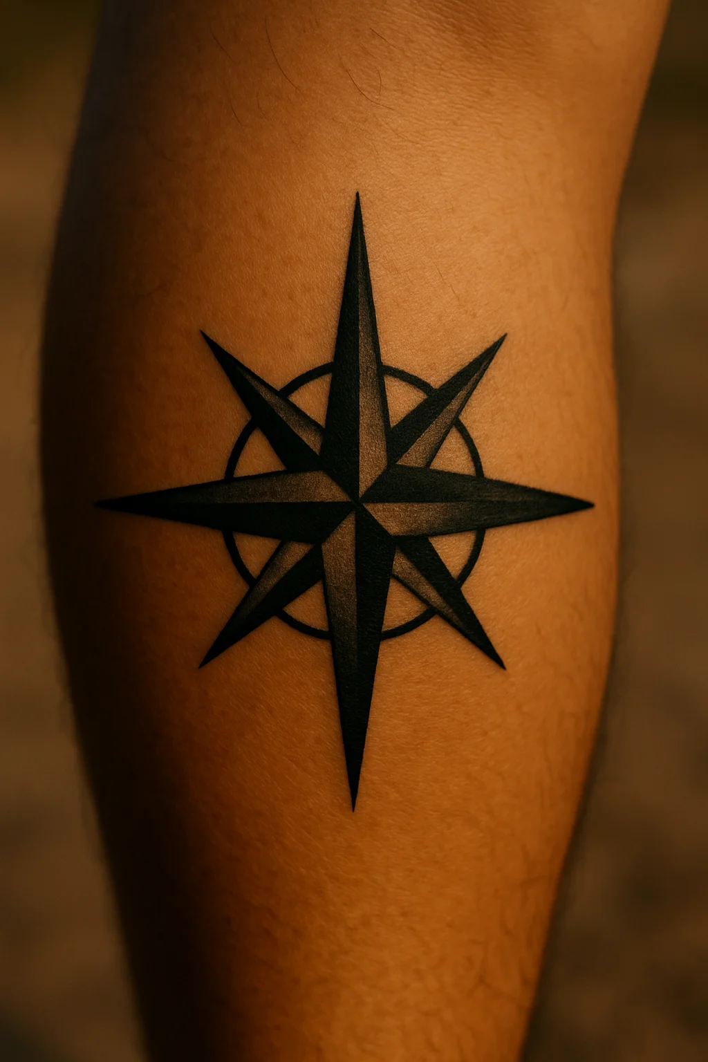 Blackwork compass rose with solid filled points tattooed on a man's calf