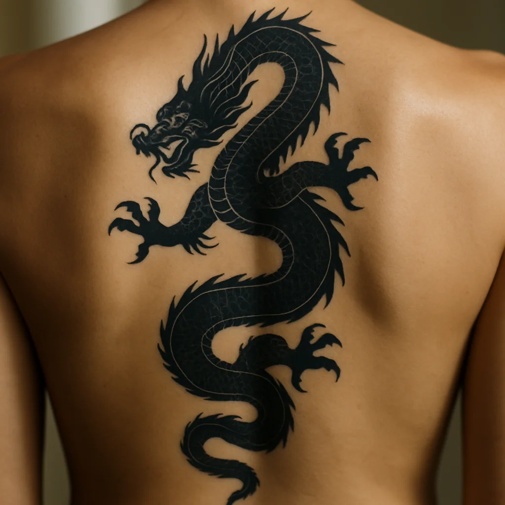 Blackwork eastern dragon tattoo threading down the spine with claws reaching the shoulder blades