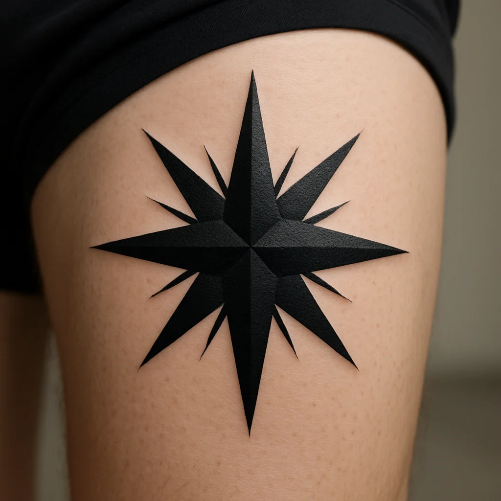 Blackwork eight-point compass rose with negative space rays tattooed above the knee on a man's thigh