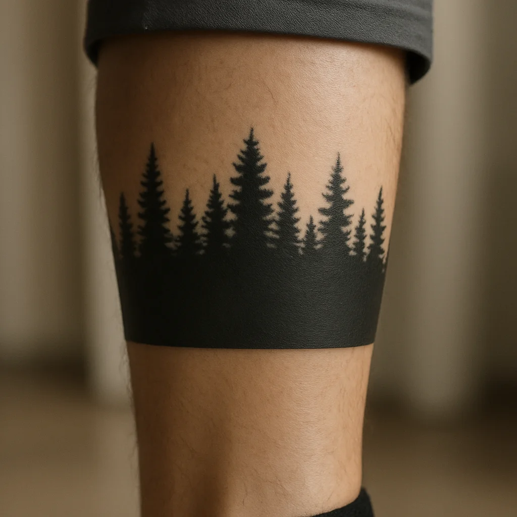Blackwork fir treeline band tattoo circling a man's calf