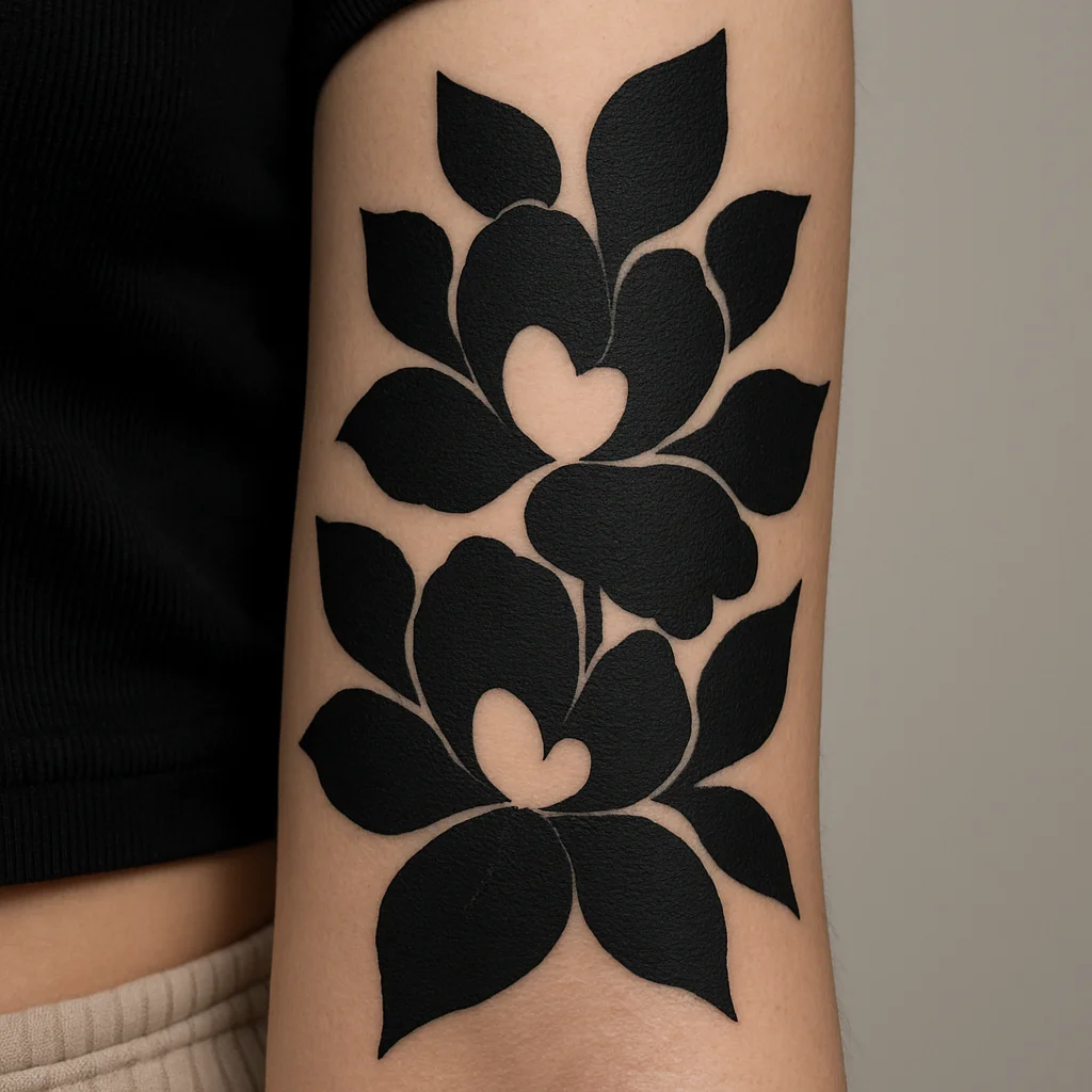 Blackwork floral panel with bold petals and negative-space gaps covering the inner forearm