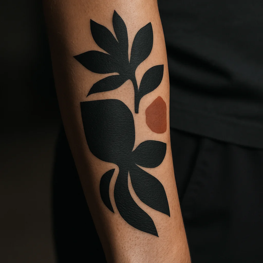 Blackwork forearm tattoo with a single muted rust accent on the outer forearm