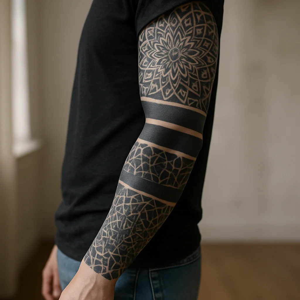 Blackwork geometric mandala sleeve with negative-space bands on a full arm from shoulder to wrist