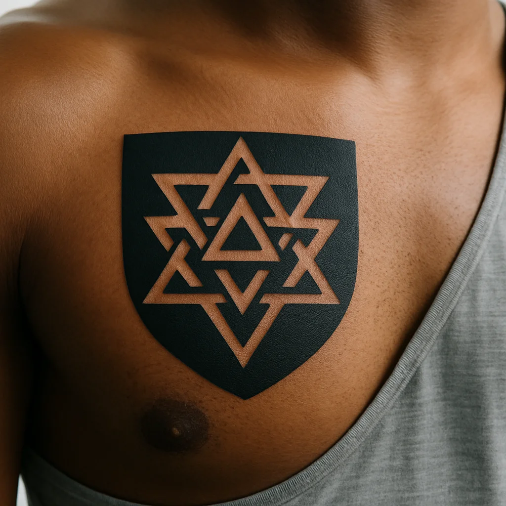 Blackwork geometric shield of nested triangles tattooed on one pec