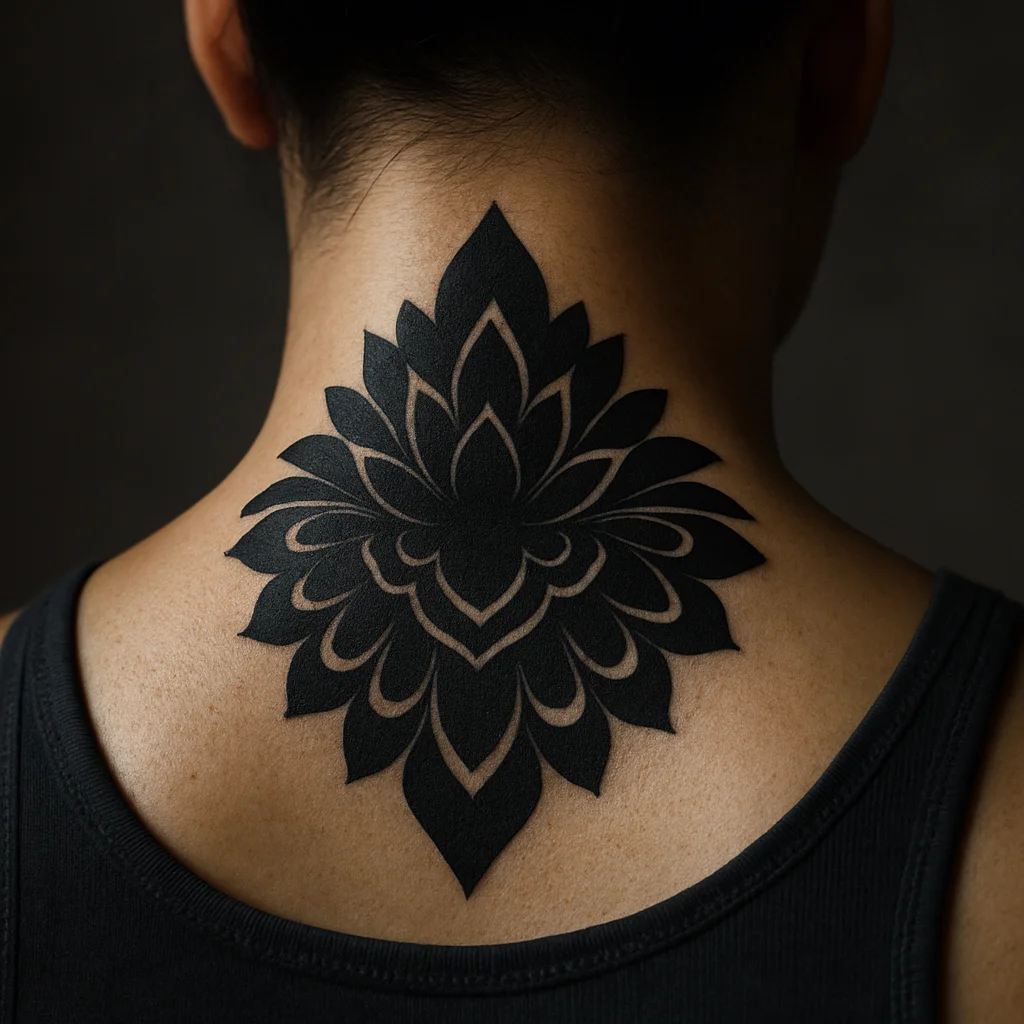 Blackwork half mandala tattoo fanning down from the base of the neck