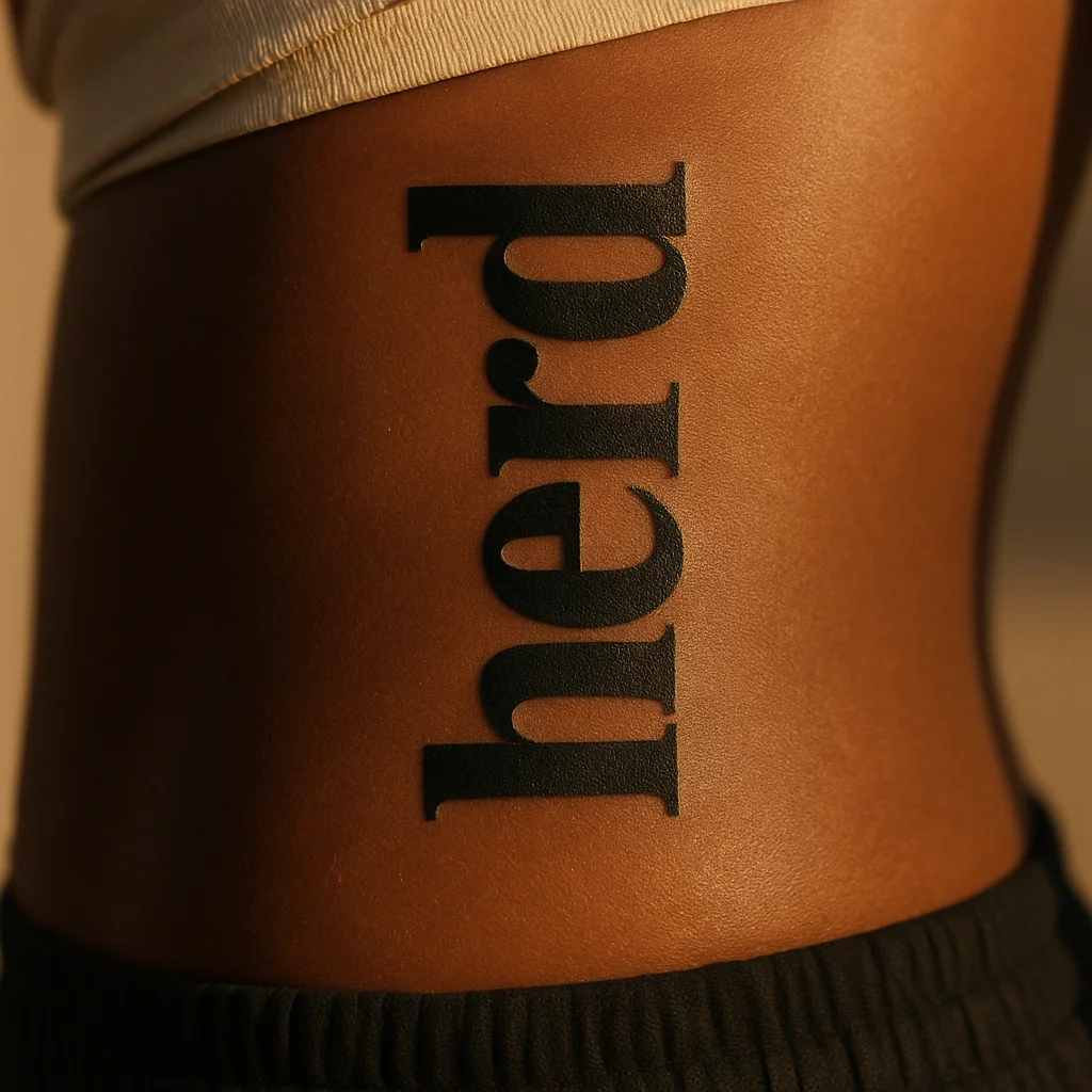 Blackwork heavy serif single-word tattoo set vertically with open letterspacing along the ribcage
