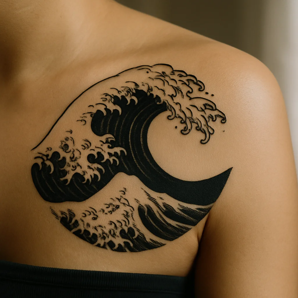 Blackwork Japanese-inspired ocean wave tattoo with spray fingers and solid black trough on the shoulder