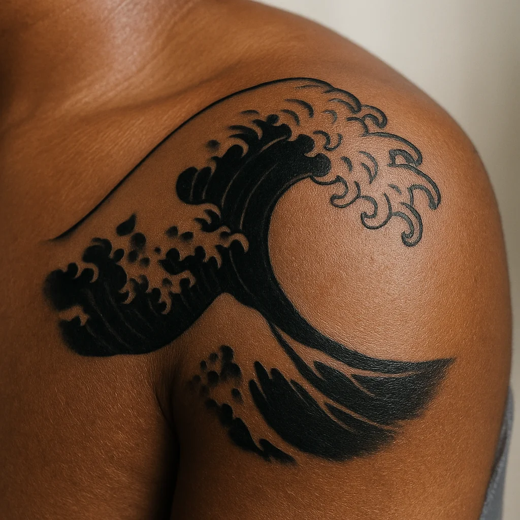 Blackwork Japanese-inspired ocean wave with spray fingers and solid black trough on the shoulder