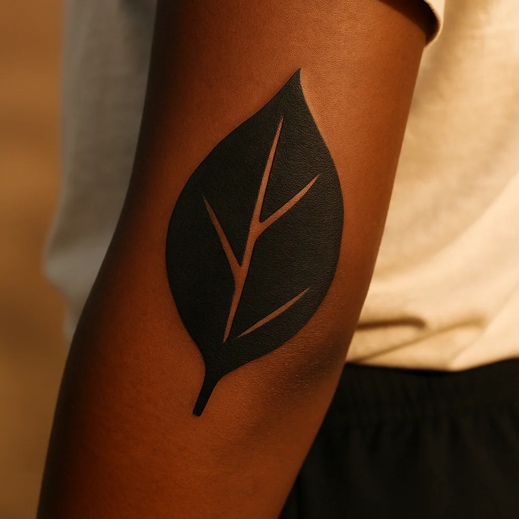 Blackwork leaf with negative-space veins tattooed on the inner forearm