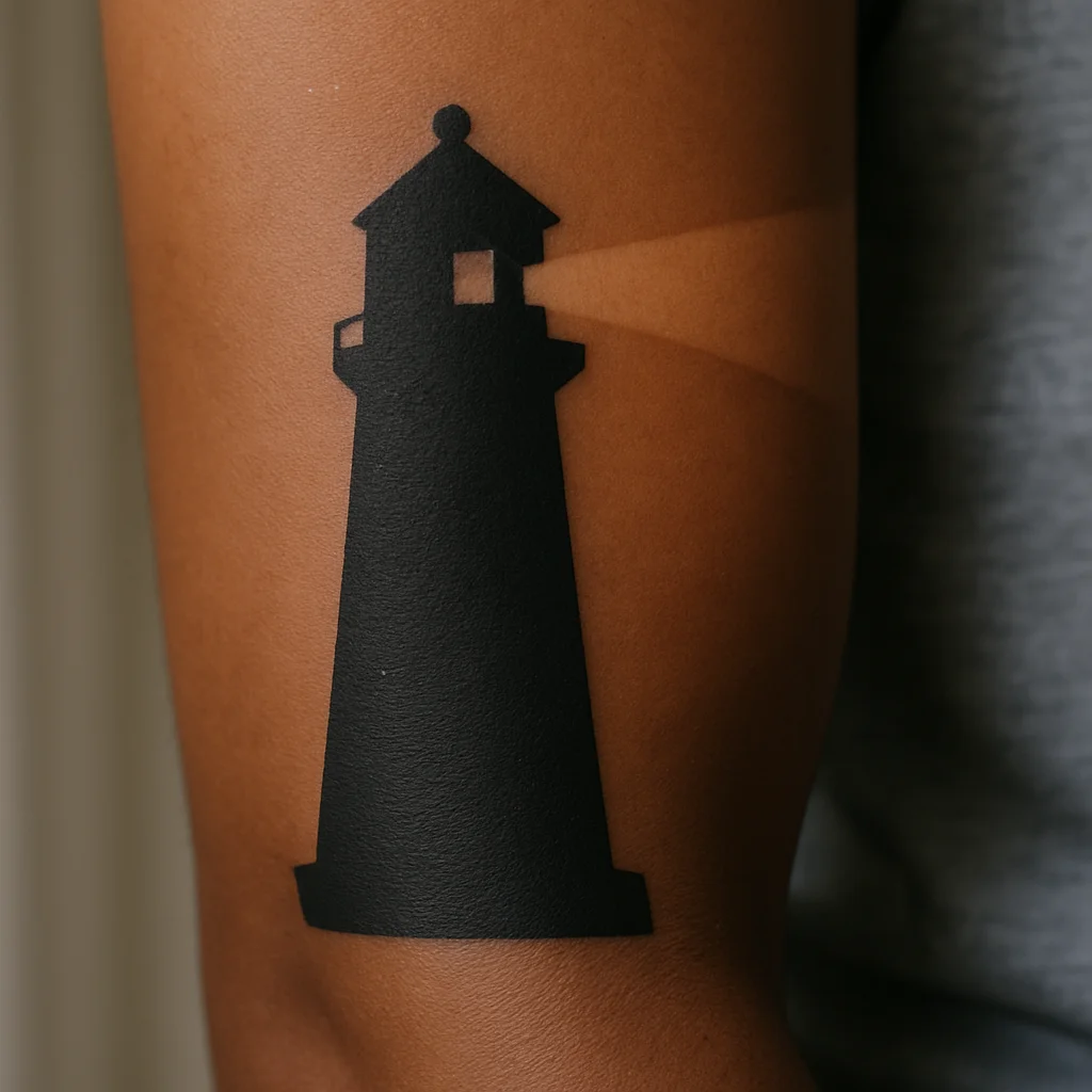 Blackwork lighthouse with negative-space beam slicing across a man's outer forearm