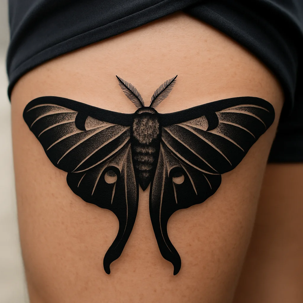Blackwork luna moth tattoo with spread wings across the upper back of a woman's thigh