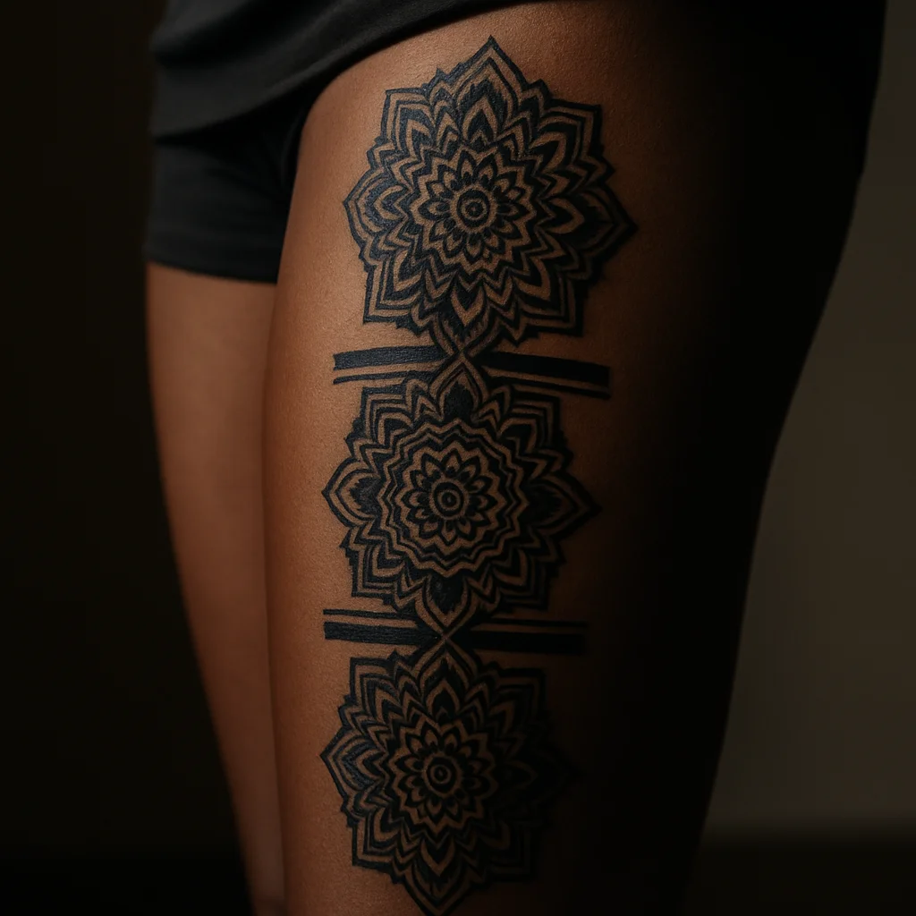 Blackwork mandala column leg sleeve with stacked ornamental medallions and connecting linework bands