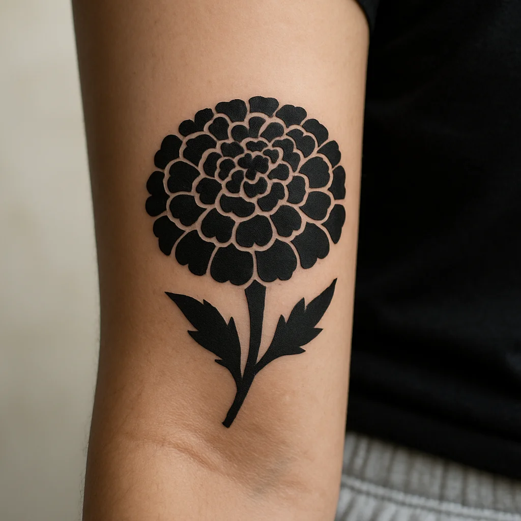 Blackwork marigold pompom with negative-space petal gaps on the outer forearm