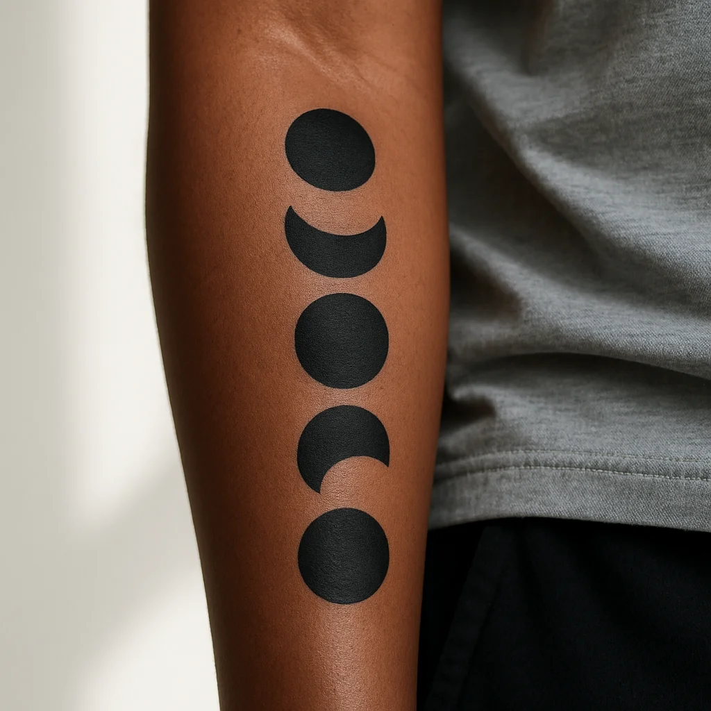 Blackwork moon phase column descending the inner forearm from new moon to full