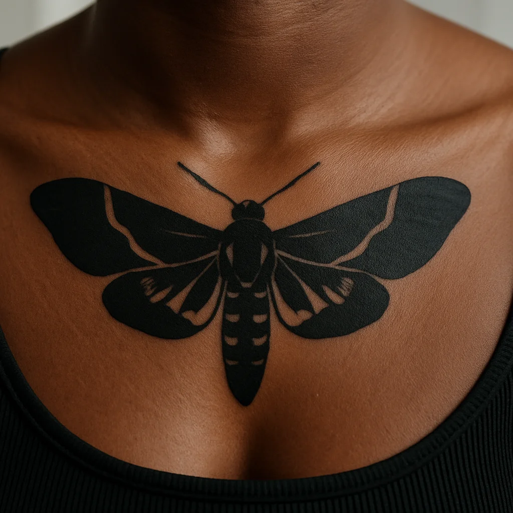 Blackwork moth centred on the sternal notch with wings spreading across both collarbones