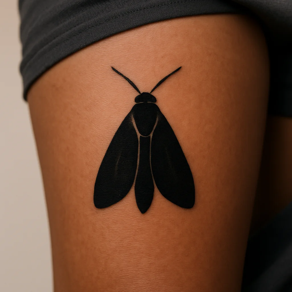 Blackwork moth tattoo with folded wings placed high on the inner thigh
