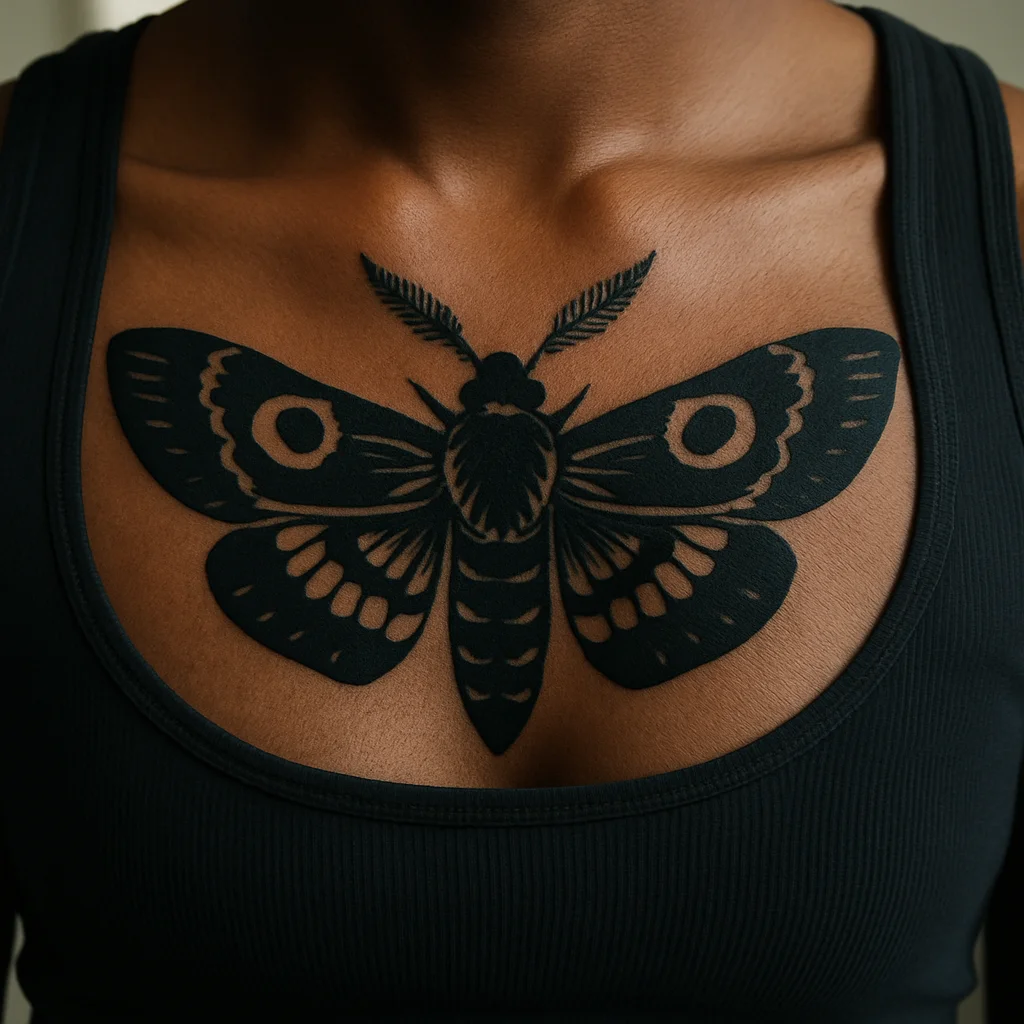 Blackwork moth tattoo with wings spread symmetrically across the sternum