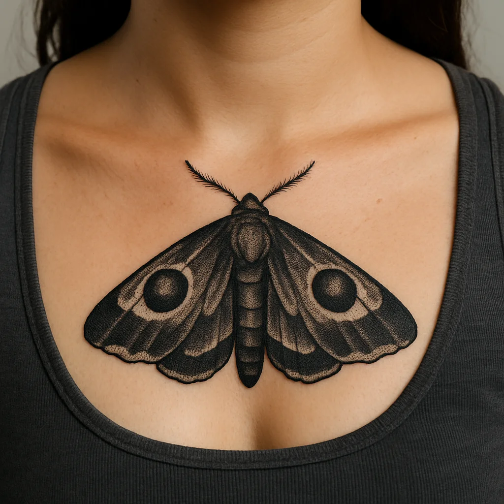 Blackwork moth with folded wings and stippled eye-spots tattooed symmetrically on the sternum