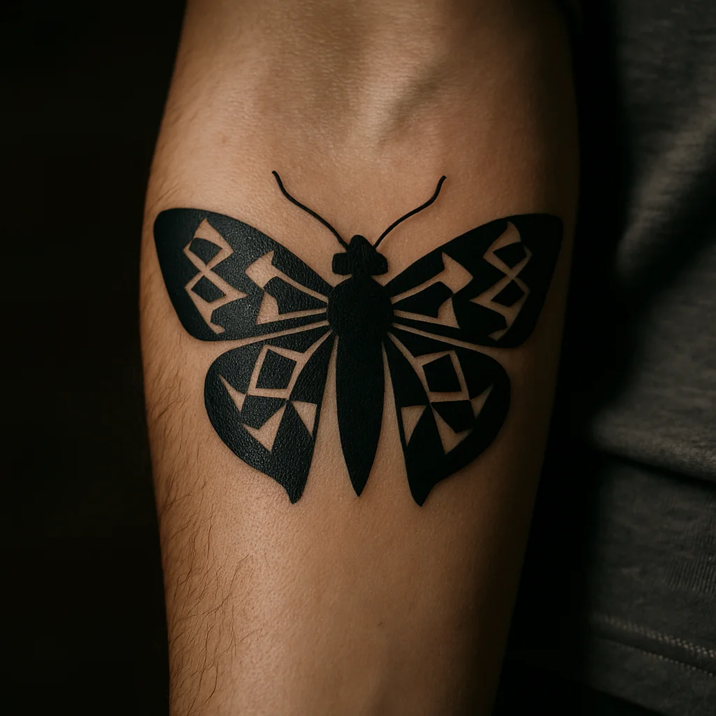 Blackwork moth with geometric wing patterning spread across a man's inner forearm