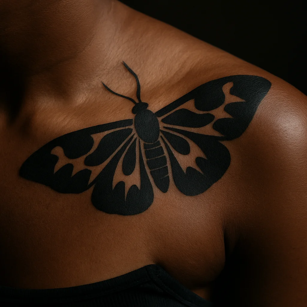 Blackwork moth with negative-space wings spanning the collarbone and shoulder corner