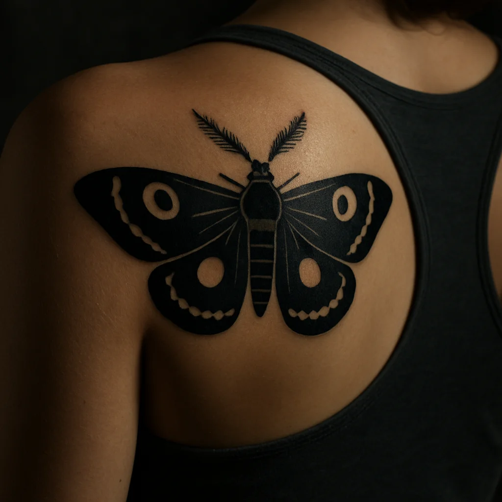 Blackwork moth with open wings spanning the shoulder blade