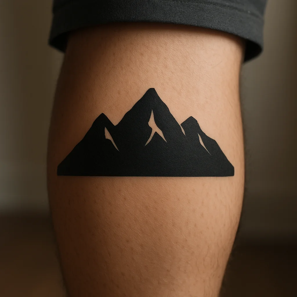 Blackwork mountain range with a hard horizon line tattooed on a man's outer calf