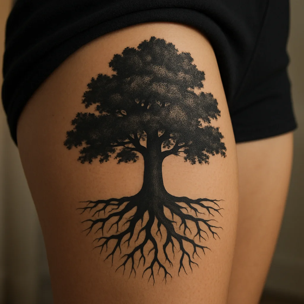 Blackwork oak tree tattoo with visible roots running down the thigh