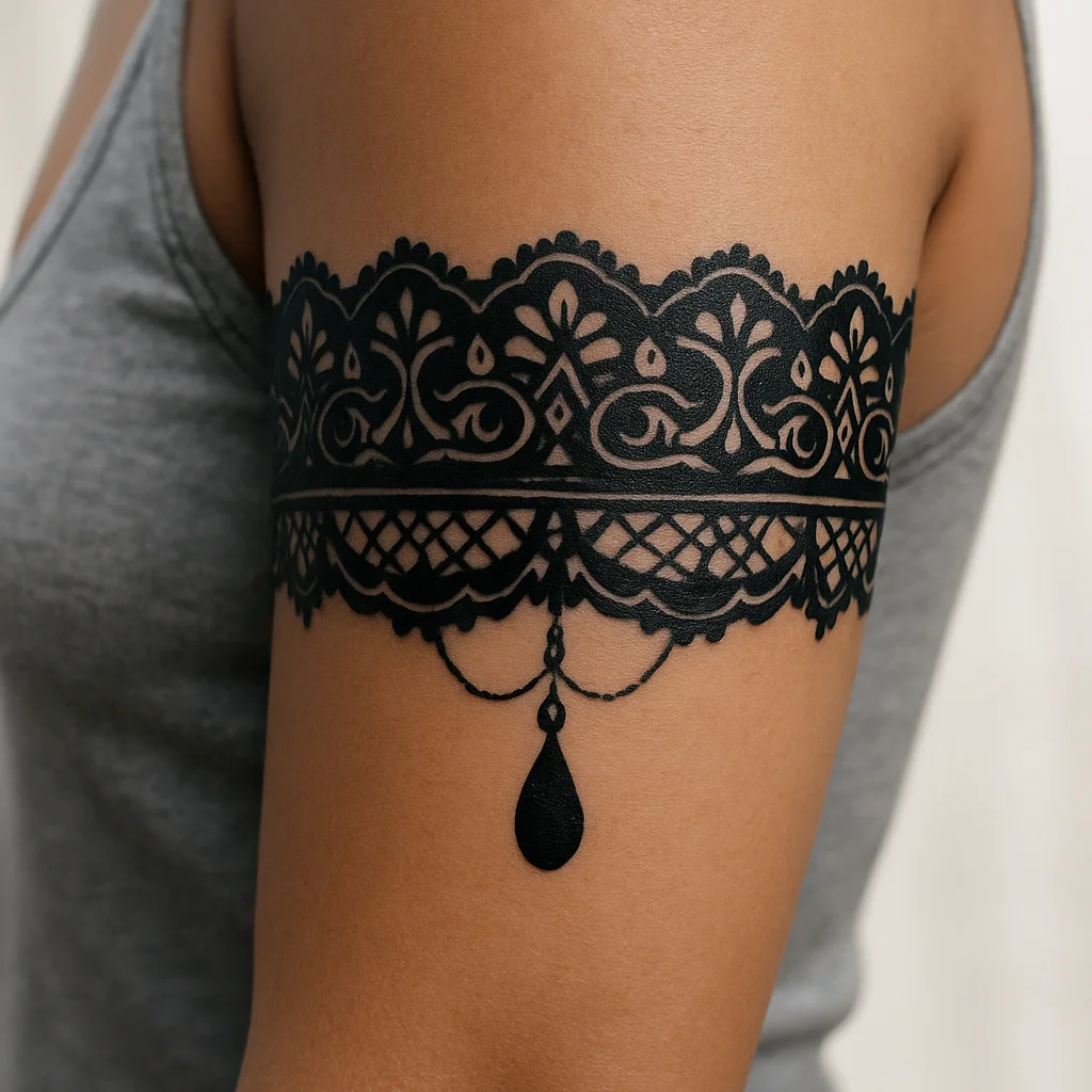 Blackwork ornamental garter band with hanging pendant around the mid-bicep